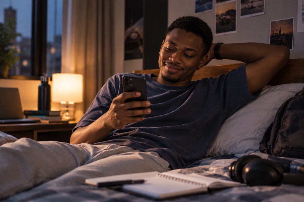 Young man smiling and relaxing in bed at night checking phone with notebook nearby
