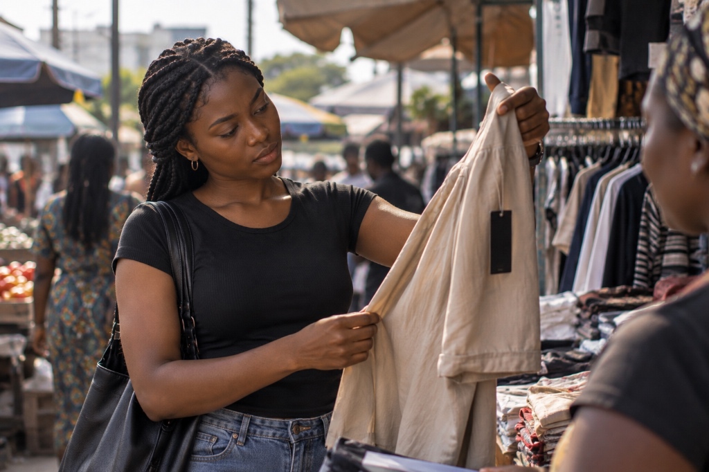 Woman examining a price tag on clothing in an open-air retail market